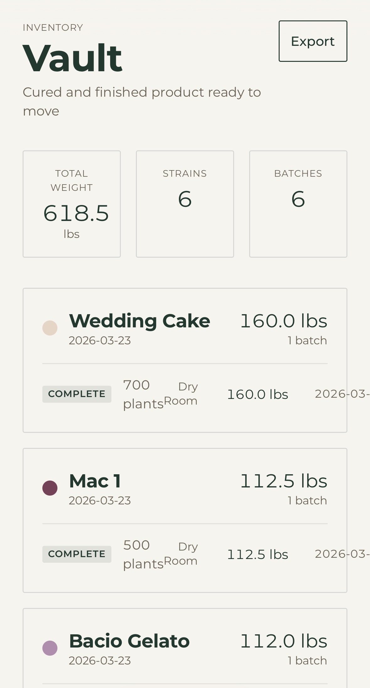 Flip vault — 618.5 lbs total, 6 strains, Wedding Cake 160 lbs, Mac 1 112.5 lbs.